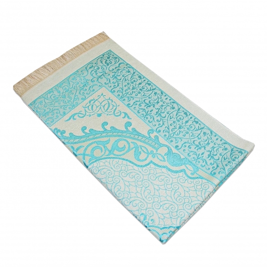 Preview: Gebetsteppich Taftstoff Türkis mit Geschenkbox und 99er Gebetskette – edles Set 65 x 110 cm