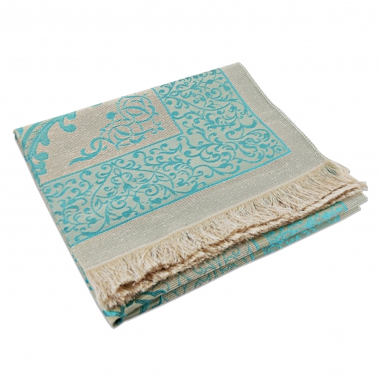 Preview: Gebetsteppich Taftstoff Türkis mit Geschenkbox und 99er Gebetskette – edles Set 65 x 110 cm