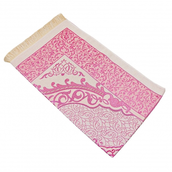 Preview: Gebetsteppich Taftstoff Rosa mit Geschenkbox und 99er Gebetskette – klassisches Set 65 x 110 cm