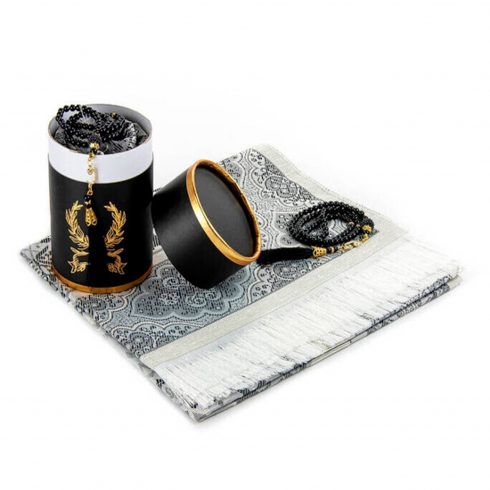 Preview: Gebetsteppich Taftstoff Grau mit Geschenkbox und 99er Gebetskette – stilvolles Set 65 x 110 cm