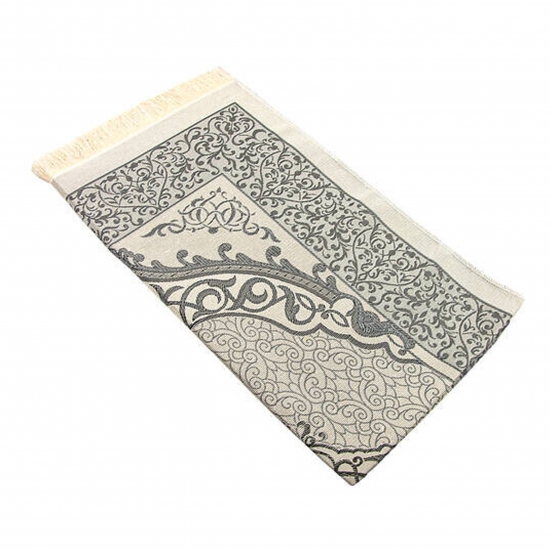 Preview: Gebetsteppich Taftstoff Grau mit Geschenkbox und 99er Gebetskette – stilvolles Set 65 x 110 cm