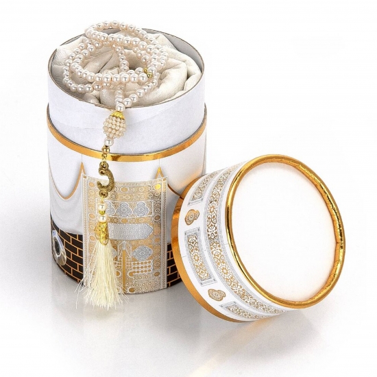 Preview: Gebetsteppich Taftstoff mit Geschenkbox weiß 65 x 110 cm