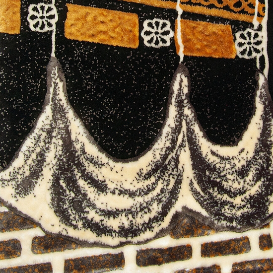 Preview: Gebetsteppich Schwarz Gold Beige mit grafischem Design und Fransen
