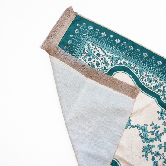Preview: Gebetsteppich Dunkelgrün mit floraler Bordüre und passender Tasche