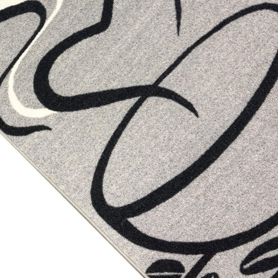 Preview: Küchenteppich mit grafischem Tassenmotiv und klaren Linien Grau