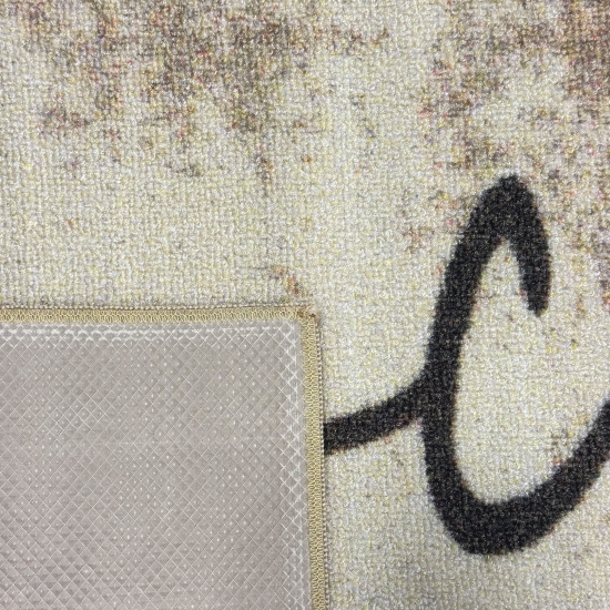 Grafischer Küchenteppich Beige mit Coffee-Time-Typografie und Linie