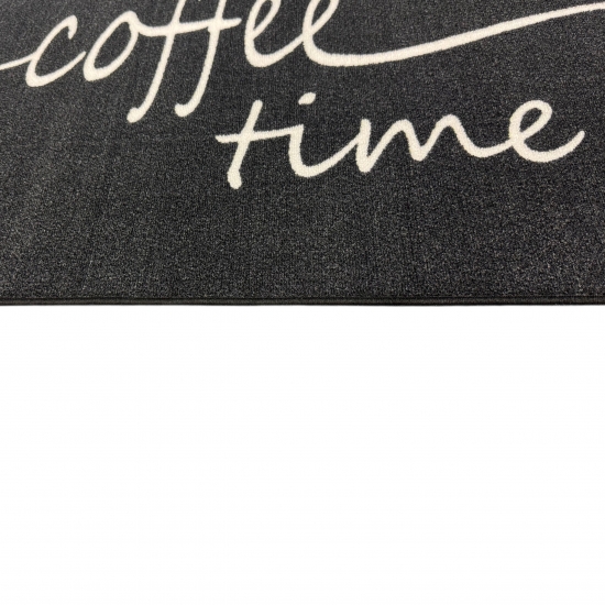 Grafischer Küchenteppich Schwarz mit Coffee-Time-Typografie und Linie
