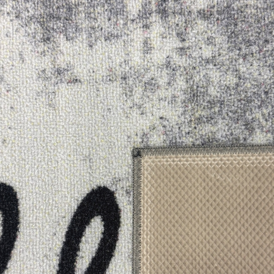 Grafischer Küchenteppich Grau mit Coffee-Time-Typografie und Struktur
