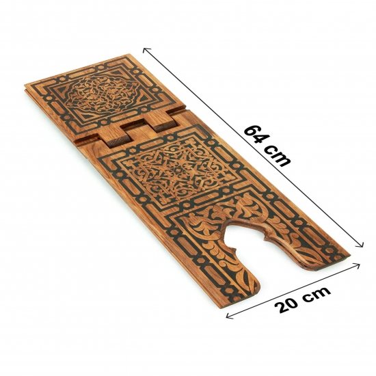 Preview: Großer Koranständer aus Holz – Klappbare Rahle Braun mit Ornamenten 20 x 64 cm