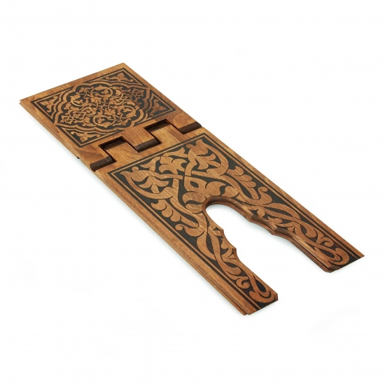 Preview: Koranhalter Rahle aus Kiefernholz – Klappbarer Buchständer mit Brandmuster 54 x 18 cm