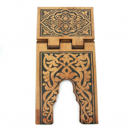 Preview: Koranhalter Rahle aus Kiefernholz – Klappbarer Buchständer mit Brandmuster 54 x 18 cm