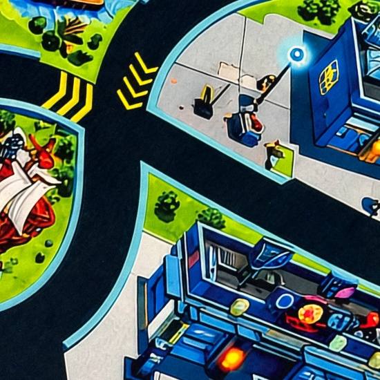 Preview: Waschbarer Bunter Kinderteppich mit Monsterburg und geschwungener Rennstrecke