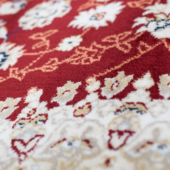 Preview: Teppich Rot Creme mit Medaillon Design und klar gezeichneter Bordüre