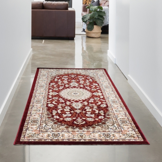 Preview: Teppich Rot Creme mit Medaillon Design und klar gezeichneter Bordüre