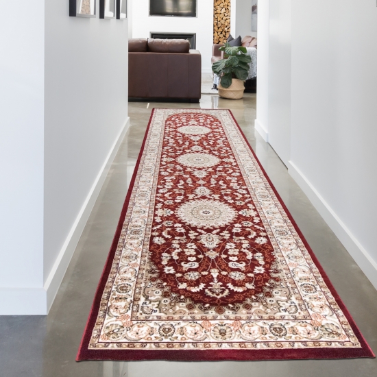 Preview: Teppich Rot Creme mit Medaillon Design und klar gezeichneter Bordüre