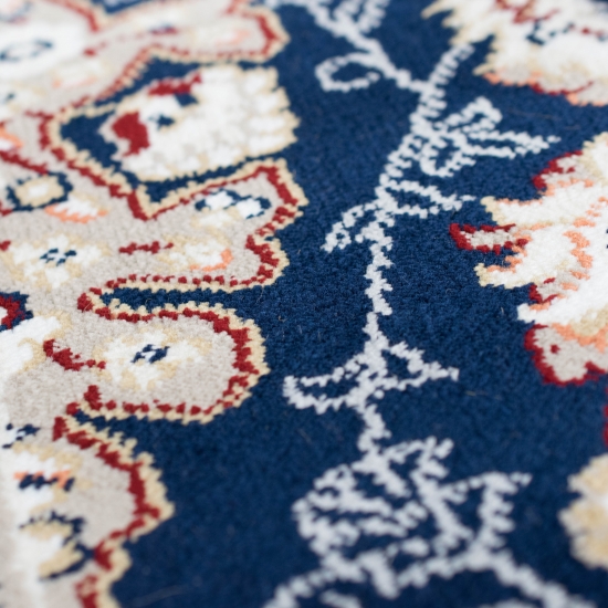 Teppich Dunkelblau Creme mit strukturiertem Medaillon Design