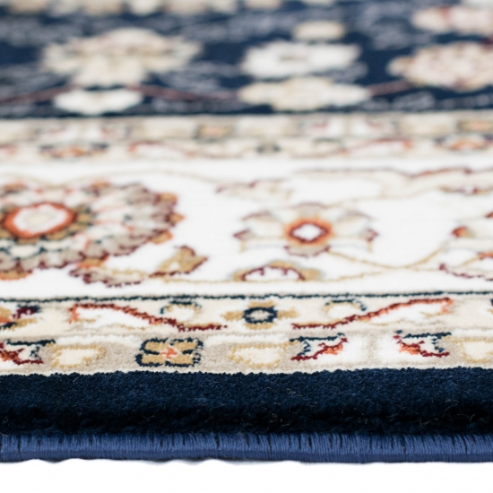 Teppich Dunkelblau Creme mit strukturiertem Medaillon Design