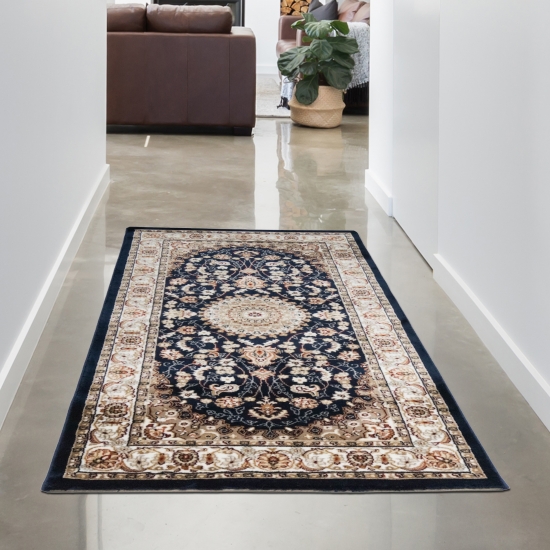 Teppich Dunkelblau Creme mit strukturiertem Medaillon Design