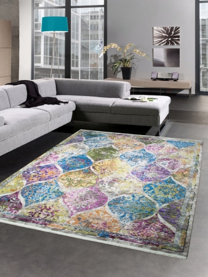 Moderner Teppich Kurzflor Teppich Wohnzimmerteppich marokkanisches Muster grau bunt