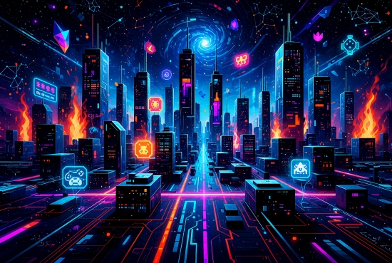 Teppich mit urbaner Neon Skyline Schwarz und blauen Akzenten waschbar