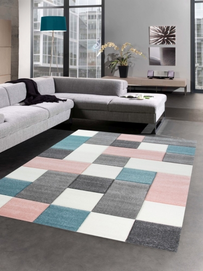 Moderner Teppich Wohnzimmerteppich Kurzflor Karo rosa grau türkis