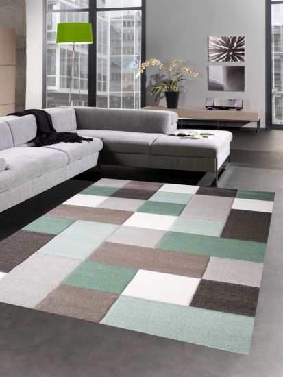 Teppich Wohnzimmerteppich Kurzflor Karo pastell grün grau mit Konturenschnitt