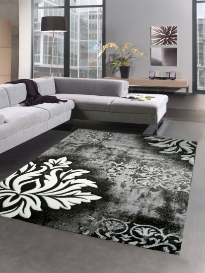 Designer Teppich Wohnzimmerteppich Kurzflor Konturenschnitt barock grau weiß schwarz