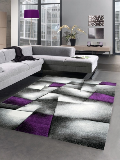 Moderner Teppich Kurzflor Wohnzimmerteppich Konturenschnitt karo abstrakt lila grau weiss schwarz