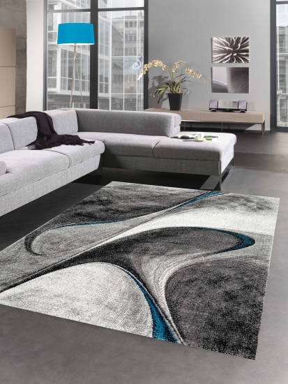 Teppich modern Wohnzimmerteppich abstrakt in grau blau