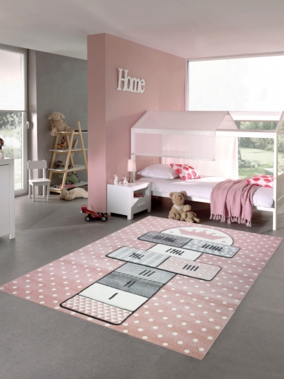 Teppich Kinderzimmer Hüpfspiel Muster rosa grau