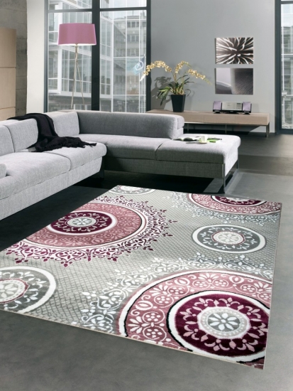 Designer Teppich Wohnzimmerteppich Ornamente barock pink lila grau