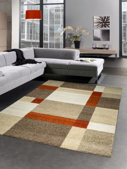 Moderner Teppich Kurzflorteppich Wohnzimmerteppich karo braun beige terrakotta