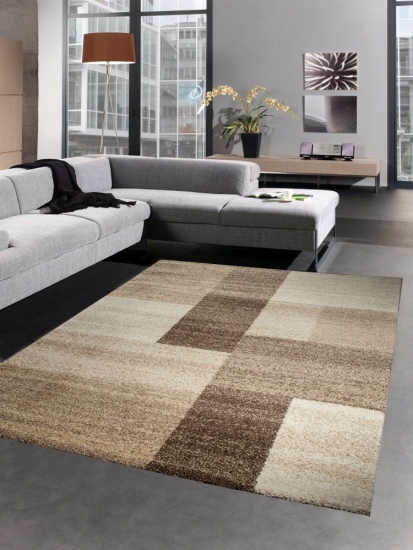 Moderner Teppich Kurzflorteppich Wohnzimmerteppich karo braun beige