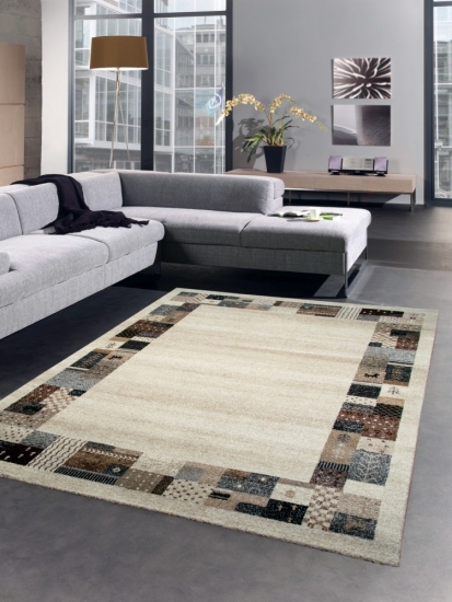 Designer Teppich Moderner Teppich Wohnzimmerteppich Bordüre beige creme türkis