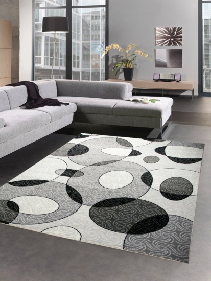 Designer Teppich Wohnzimmerteppich Kreise creme grau schwarz