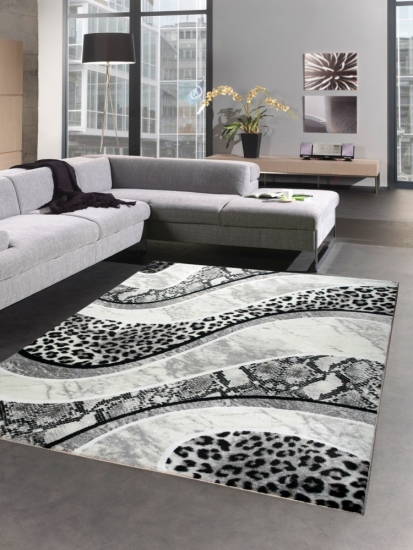 Designer Teppich Wohnzimmerteppich Leopard creme grau schwarz