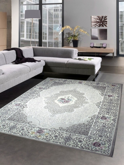 Wohnzimmerteppich Teppich klassisch orientientalisch mit Rosen grau rosa