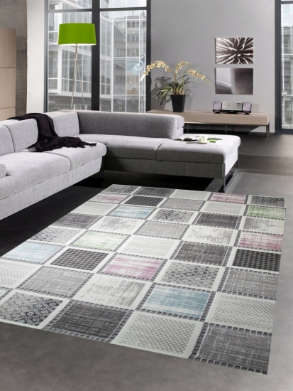 Designer und Moderner Teppich Kurzflorteppich mit Karomuster grau bunt blau grün rosa