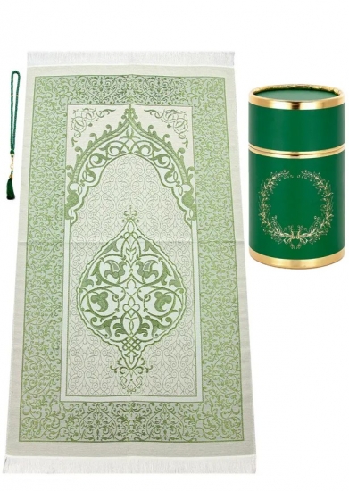 Gebetsteppich aus Taftstoff mit Tesbih und Geschenkbox hochwertig grün 65 x 110 cm