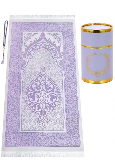 Gebetsteppich aus Taftstoff mit Tesbih und Geschenkbox hochwertig lila 65 x 110 cm