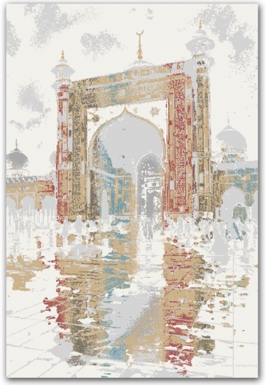 Moderner Gebetsteppich mit Moschee-Tor Motiv in hellen Naturfarben