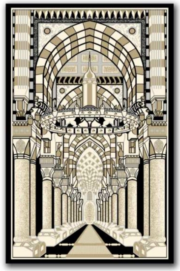 Moderner Gebetsteppich mit Moschee-Architektur und Perspektivmotiv