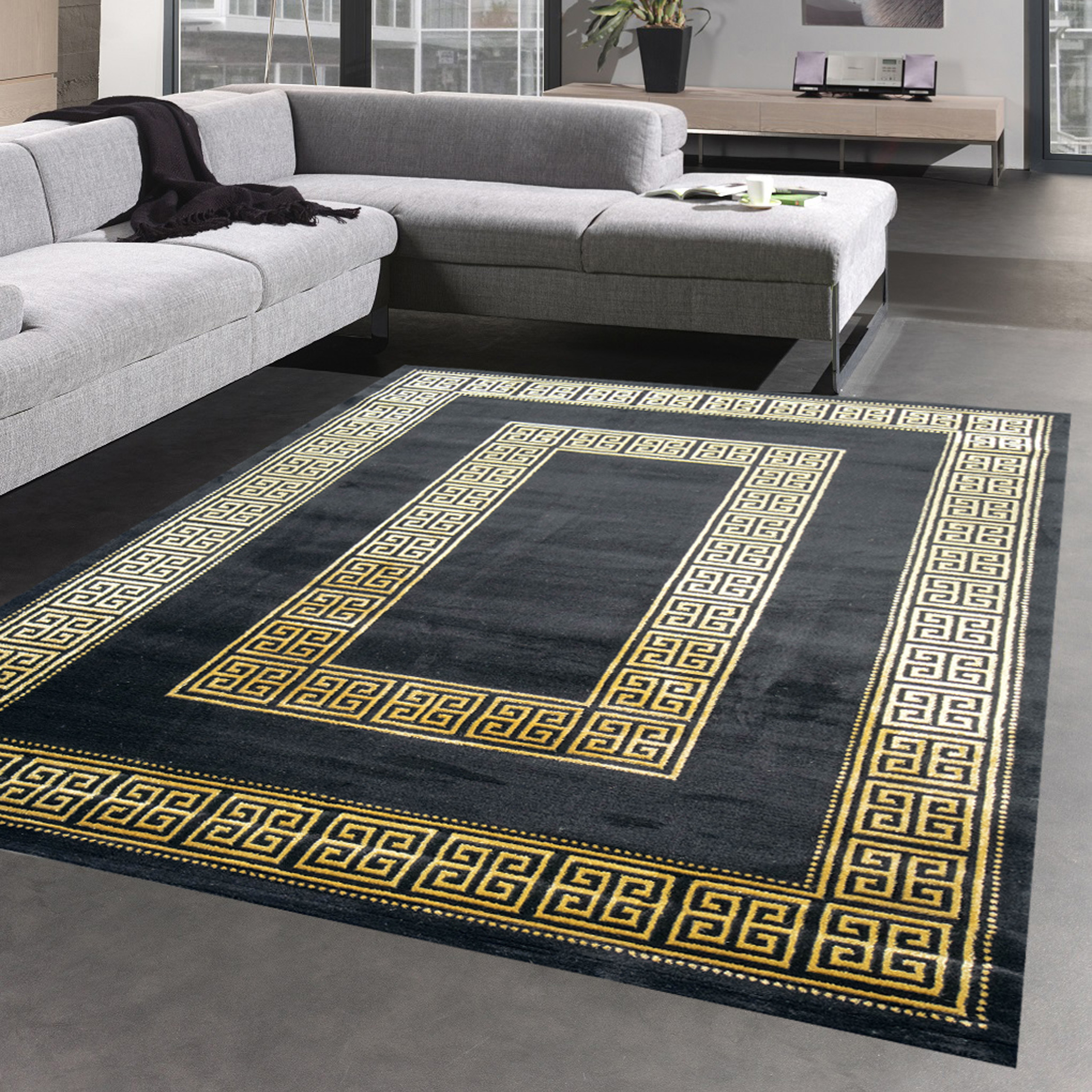 Teppich mit klassischer Bordüre in schwarz gold 