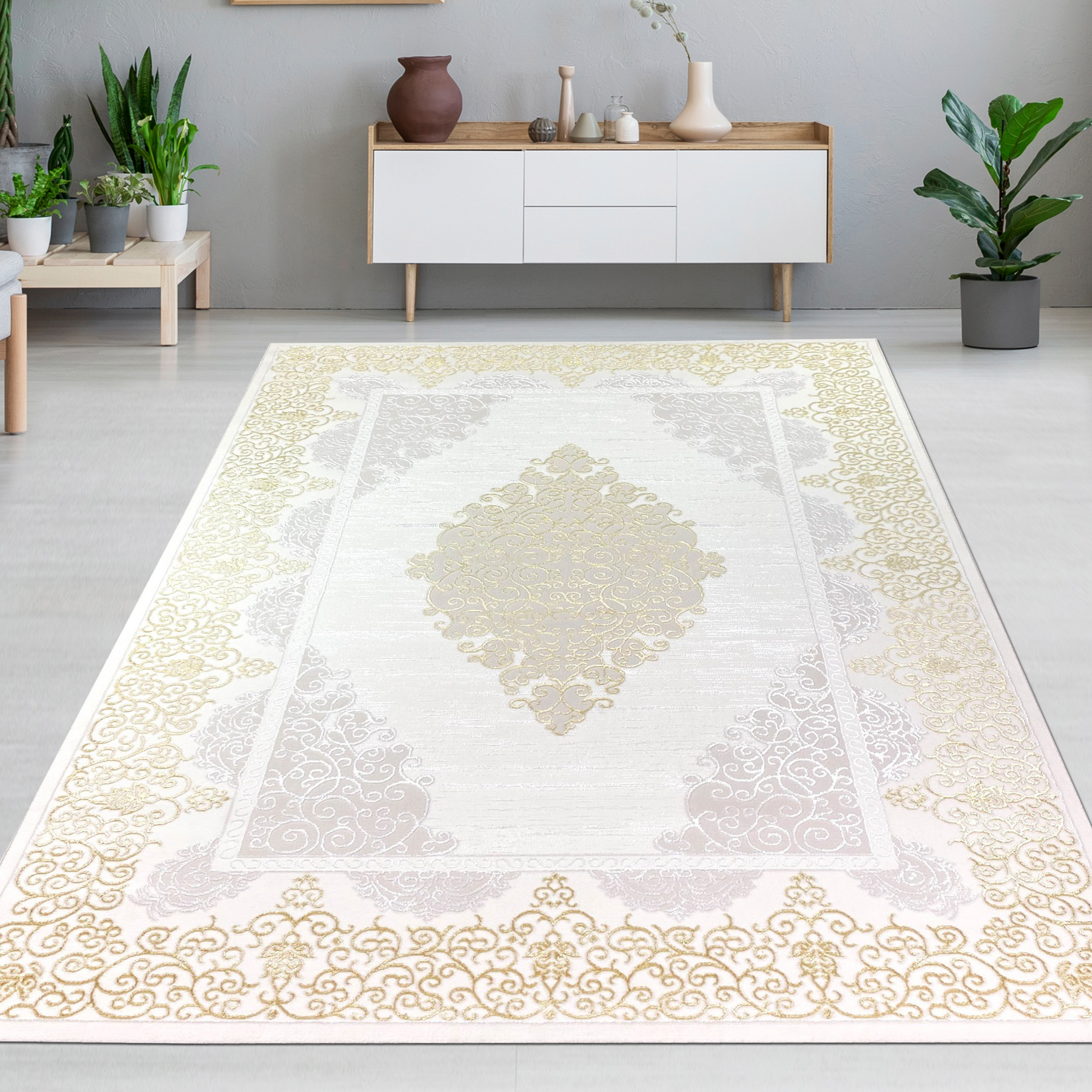 Teppich mit orientalischem Flair | luxuriös | weiß gold grau | CARPETIA