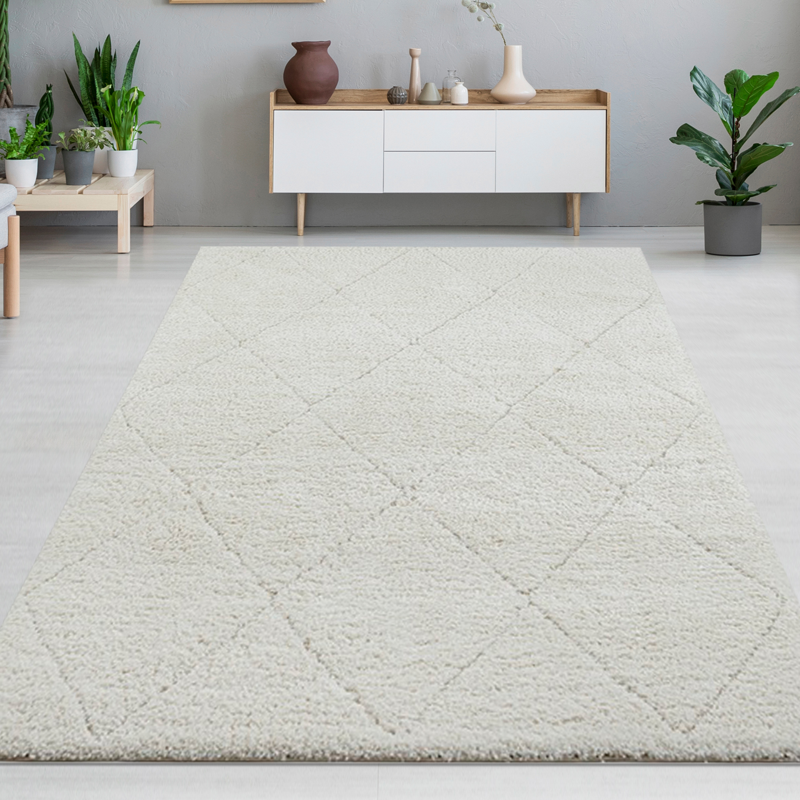 Weicher Hochflor Teppich Creme Rautenmuster 30 mm modern gemütlich