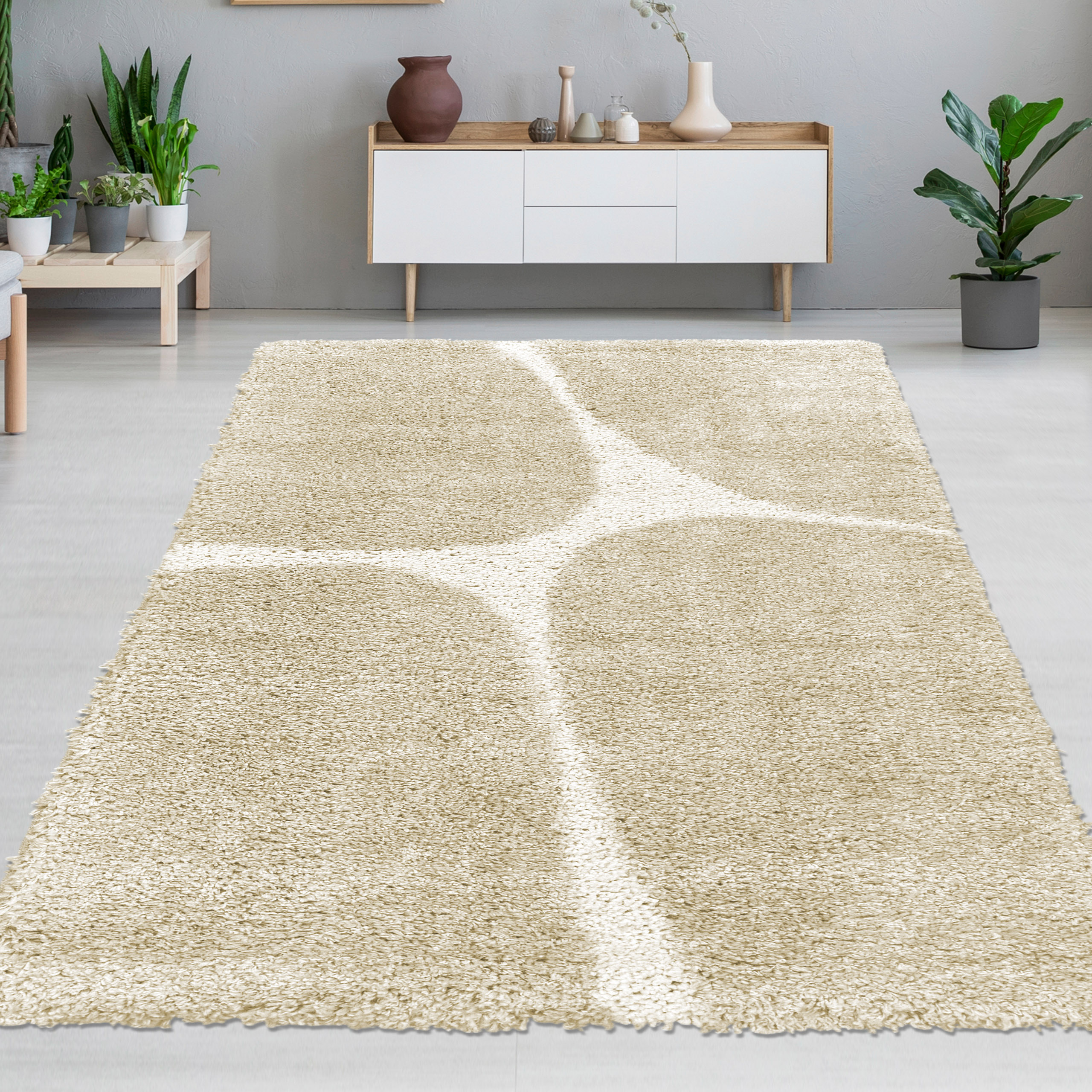 Hochflor Teppich weich modernes Design pflegeleicht strapazierfähig in Creme Beige | CARPETIA