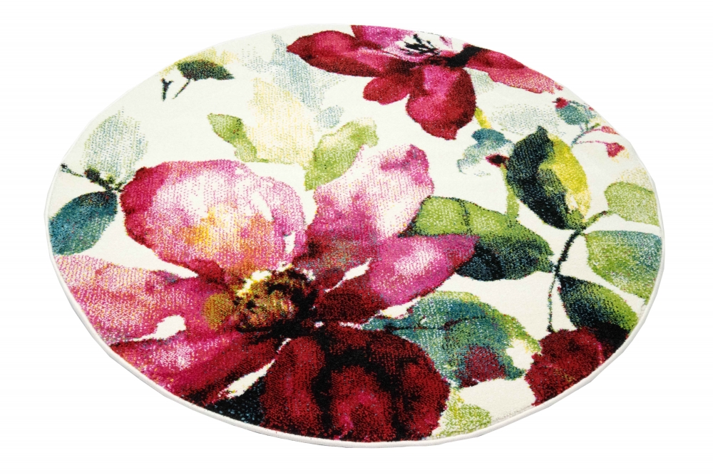 runder Designerteppich Blumen Rosa Creme Grün Türkis
