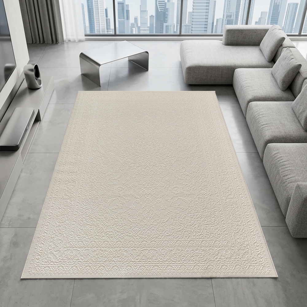 Recycling Teppich Creme Ornament Stil modern Wohnbereich