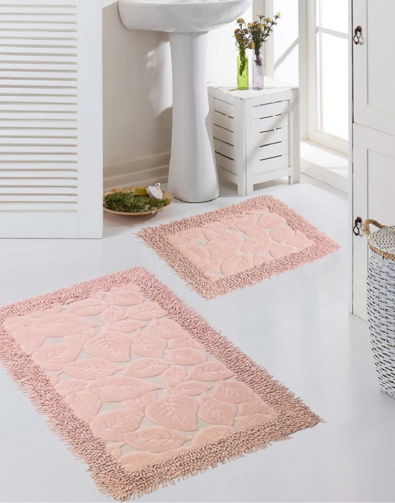 Badematten Set 2-teilig - waschbar - Blätterdesign in rosa