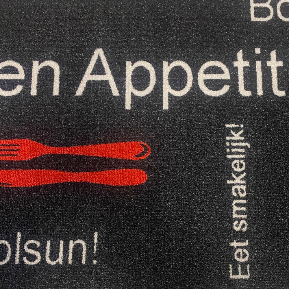 Guten Appetit Küchenläufer in schwarz mit Gelrücken und weißem & rotem Schriftzug